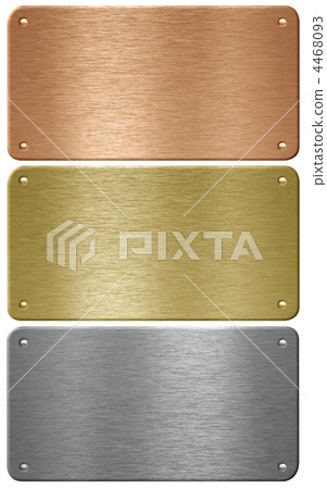 Aluminum, copper and brass metal plates with rivets isolated wit 4468093