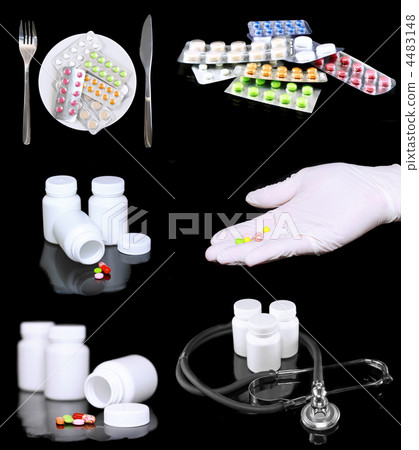 Collage of medicine- pills,bottle, syringe. Collage of medicine- pills,bottle, syringe. 4483148