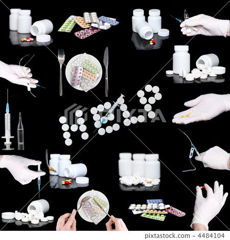 Collage of medicine- pills,bottle, syringe. Collage of medicine- pills,bottle, syringe. 4484104
