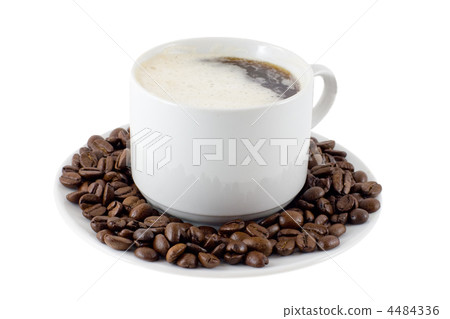 Cup of hot coffee and grains of coffee. Isolated. Cup of hot coffee and grains of coffee. Isolated. 4484336