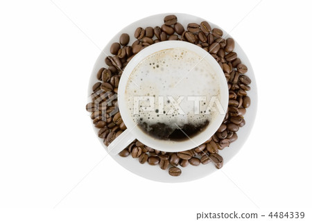Cup of hot coffee and grains of coffee. Isolated. Cup of hot coffee and grains of coffee. Isolated. 4484339