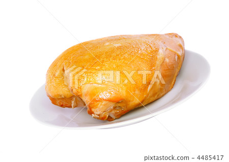 A smoked chicken on plate . Isolated 4485417