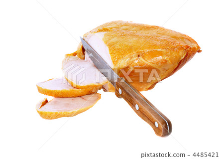 Slice on smoked chiken with knife . Isolated Slice on smoked chiken with knife . Isolated 4485421