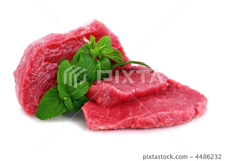Cut of beef steak with green leaf. Cut of beef steak with green leaf. 4486232