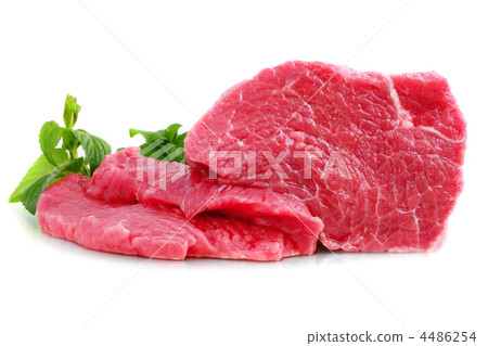 Cut of  beef steak  with green leaf. 4486254