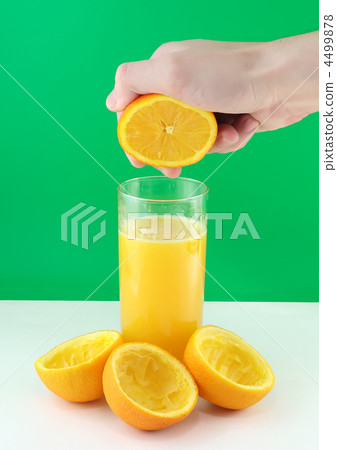 Orange juice with hand, squeeze of orange. Orange juice with hand, squeeze of orange. 4499878