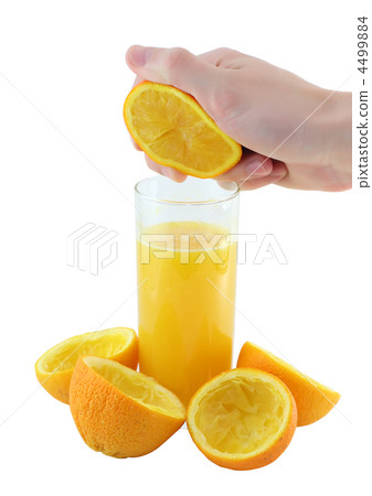 Orange juice with hand, squeeze of orange. Orange juice with hand, squeeze of orange. 4499884