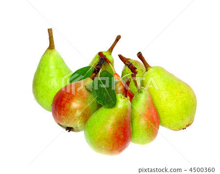 Heap of pear with stem and green leaf. Isolated. 4500360