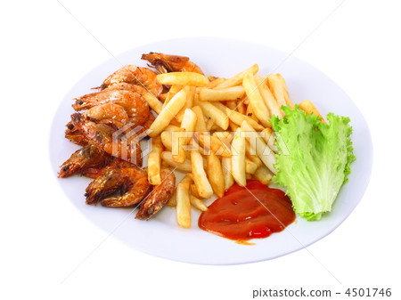 Deep-fried potatoes with fry shrimps. Isolated Deep-fried potatoes with fry shrimps. Isolated 4501746