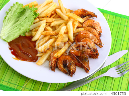 Deep-fried potatoes with fry shrimps. Isolated Deep-fried potatoes with fry shrimps. Isolated 4501753