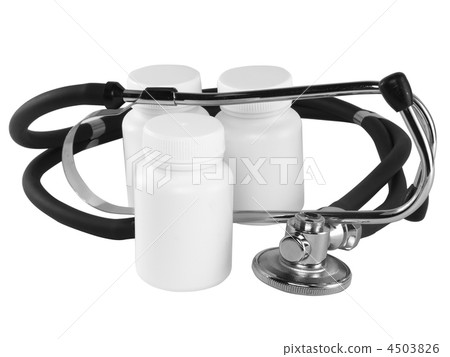 Stethoscope with medicine  bottles on white. 4503826