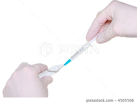 Syringe in hand in medical gloves, , injection. 4505506