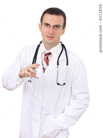 Medical doctor with blank pill's bottle. Isolated Medical doctor with blank pill's bottle. Isolated 4511658