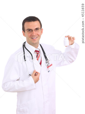 Medical doctor with blank pill's bottle. Isolated Medical doctor with blank pill's bottle. Isolated 4511659