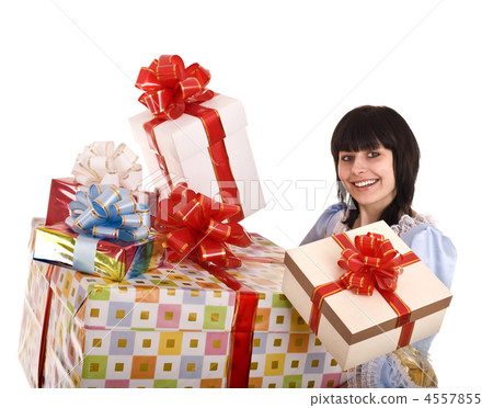 Beautiful woman with group of gift box. . 4557855