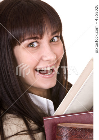 Clever girl in brace with heap book. Clever girl in brace with heap book. 4558026