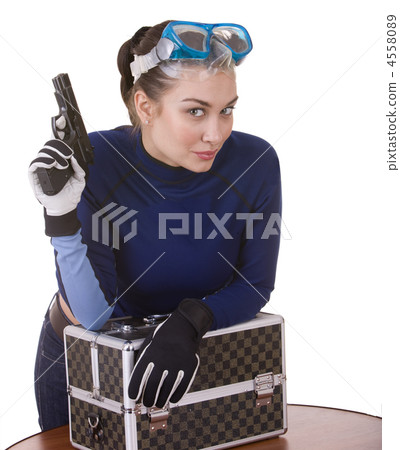Beautiful young girl in goggles with box. Isolated. 4558089
