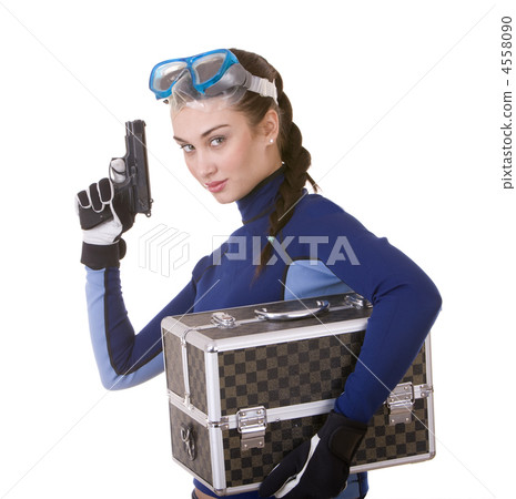 Beautiful young girl in goggles with box. 4558090
