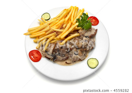 veal medallion with mushroom white sauce and french fries veal medallion with mushroom white sauce and french fries 4559282