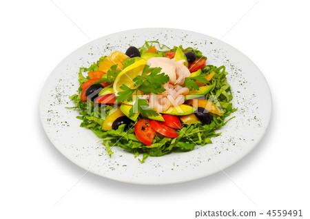 shrimp and fresh vegeables salad with avocado and rose sauce 4559491