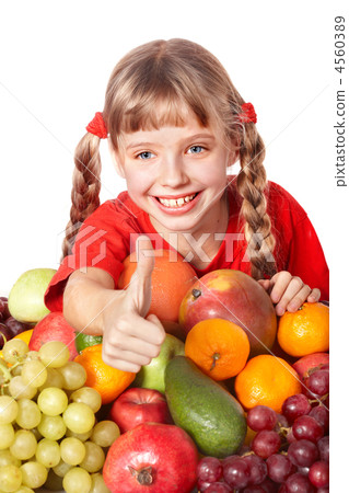 Child girl with group of fruit. Child girl with group of fruit. 4560389