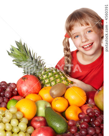 Child girl with group of fruit. Child girl with group of fruit. 4560391