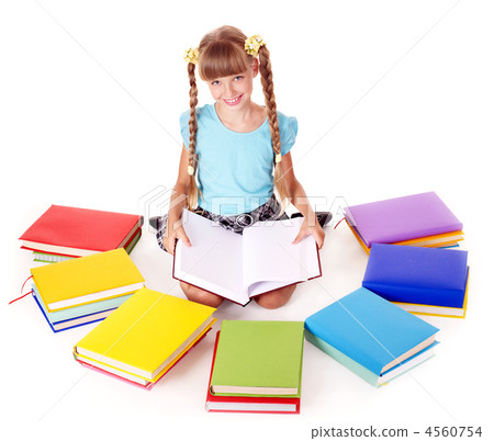Child with pile of books reading on floor. Child with pile of books reading on floor. 4560754