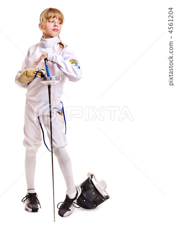 Child in fencing costume holding epee . Child in fencing costume holding epee . 4561204