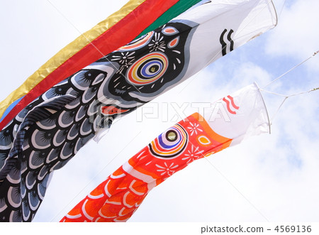 Red and black carp streamer flying in the blue sky 4569136