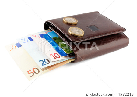 Leather wallet with euro banknotes, coins and credit card isolated on white background 4582215