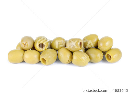 Some green pitted olives isolated on the white background Some green pitted olives isolated on the white background 4683643