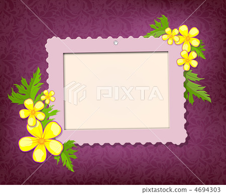 Frame for photo with floral bouquet on the pink fabric backgroun Frame for photo with floral bouquet on the pink fabric backgroun 4694303