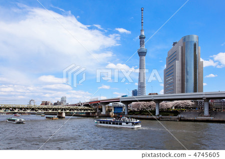 櫻花觀察者和Sumidagawa Yakata船的東京天空樹 4745605