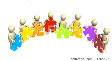 Eight puppets, holding in hands a puzzle of different color Eight puppets, holding in hands a puzzle of different color 4765523