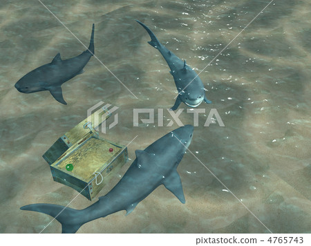 3d sharks floating above a chest with treasures 3d sharks floating above a chest with treasures 4765743