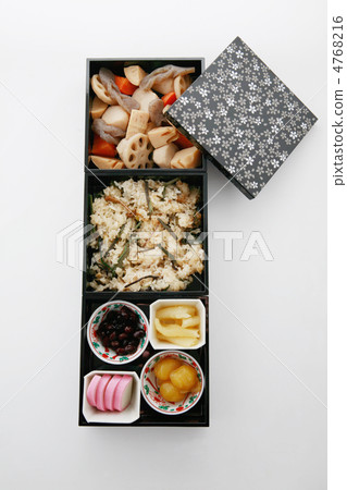 Wild vegetables with rice Okonomiyaki and boiled few black beans 4768216
