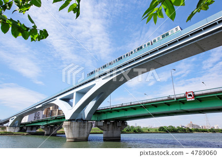 A pillar liner passing through a fan bridge over Arakawa and a blue sky 4789060