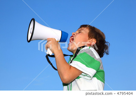 The small beautiful boy, against the blue sky, shouts in a louds 4795404