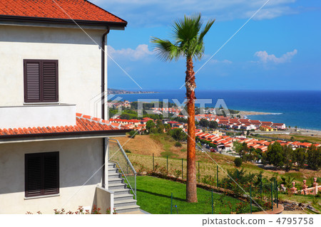 Big white two-story house with brown roof, palm trees and stairs 4795758