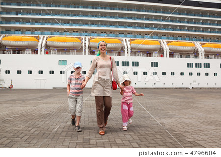 mother, daughter and son walking in dock and holding for hands, 4796604