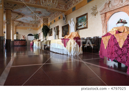 Spacious hall in  palace with modelling and painting on ceiling, 4797025