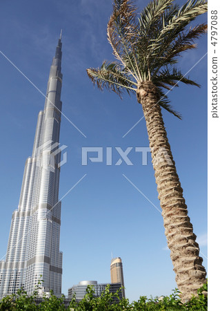 DUBAI - APRIL 17: Burj Dubai skyscraper, palm and plants in fron DUBAI - APRIL 17: Burj Dubai skyscraper, palm and plants in fron 4797088