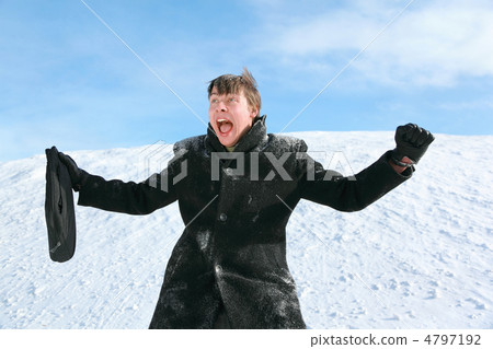 Boy with gladness collocate hands in sides and with  delight yel 4797192