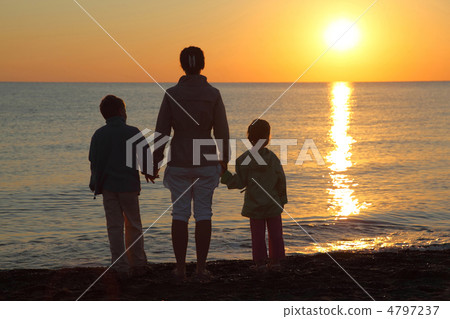 Mother with two children, embarking on hands stand on beach pe Mother with two children, embarking on hands stand on beach pe 4797237