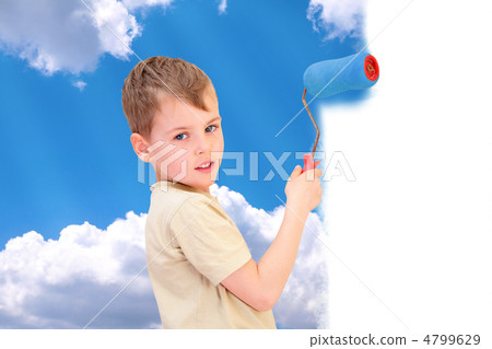 a boy with a roller draws sky with clouds collage 4799629