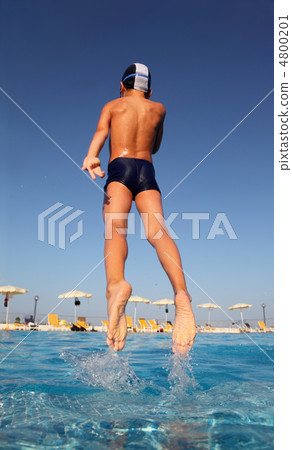little boy with glasses for swimming dives into blue, clear wate 4800201