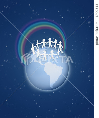 Roughly cut out paper people circle on globe with rainbow on blu Roughly cut out paper people circle on globe with rainbow on blu 4800343