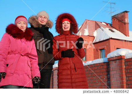 man and two women standing on outdoors in winter near to house, 4800842