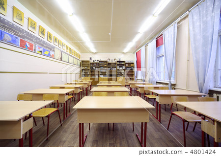 Tables and chairs in empty physics school class; educational pos Tables and chairs in empty physics school class; educational pos 4801424