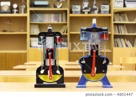 Two models of internal combustion engine on desk in empty physic Two models of internal combustion engine on desk in empty physic 4801447